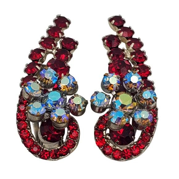 Retro Red AB Rhinestone Clip Earrings Ear climber Atomic Crystal Statement MCM - Picture 1 of 8